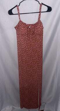 No Boundaries Women's Brown and Pink Ditsy Floral Maxi Dress with Front Slit